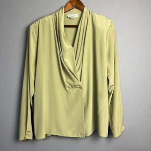 Vtg Frenzo Womens Large Green Blouse Long Sleeve Draped Neck‎ Made in USA Church